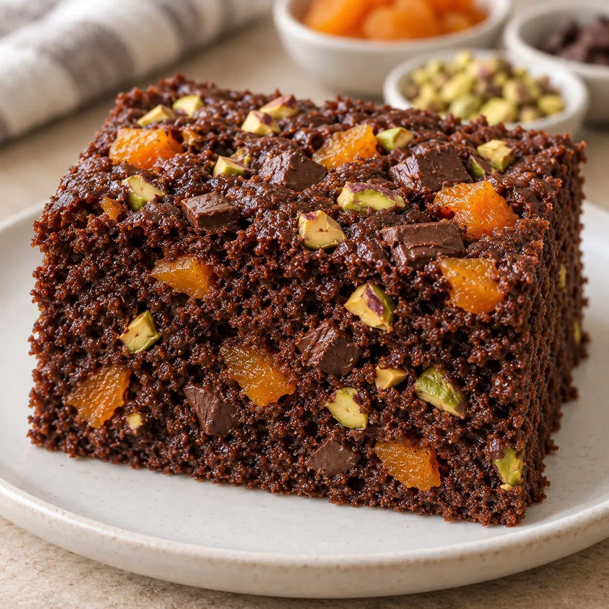 Chocolate sheet cake with apricots and pistachios — dark chocolate