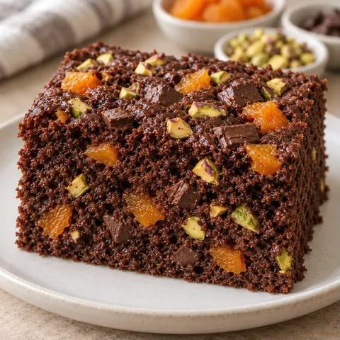 Chocolate sheet cake with apricots and pistachios — dark chocolate