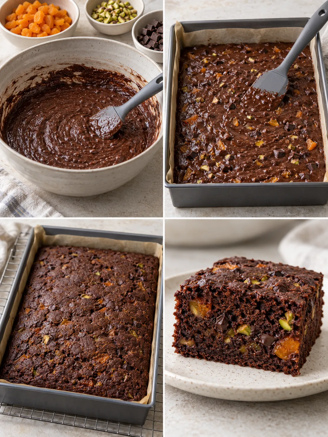 Chocolate sheet cake with apricots and pistachios — dark chocolate