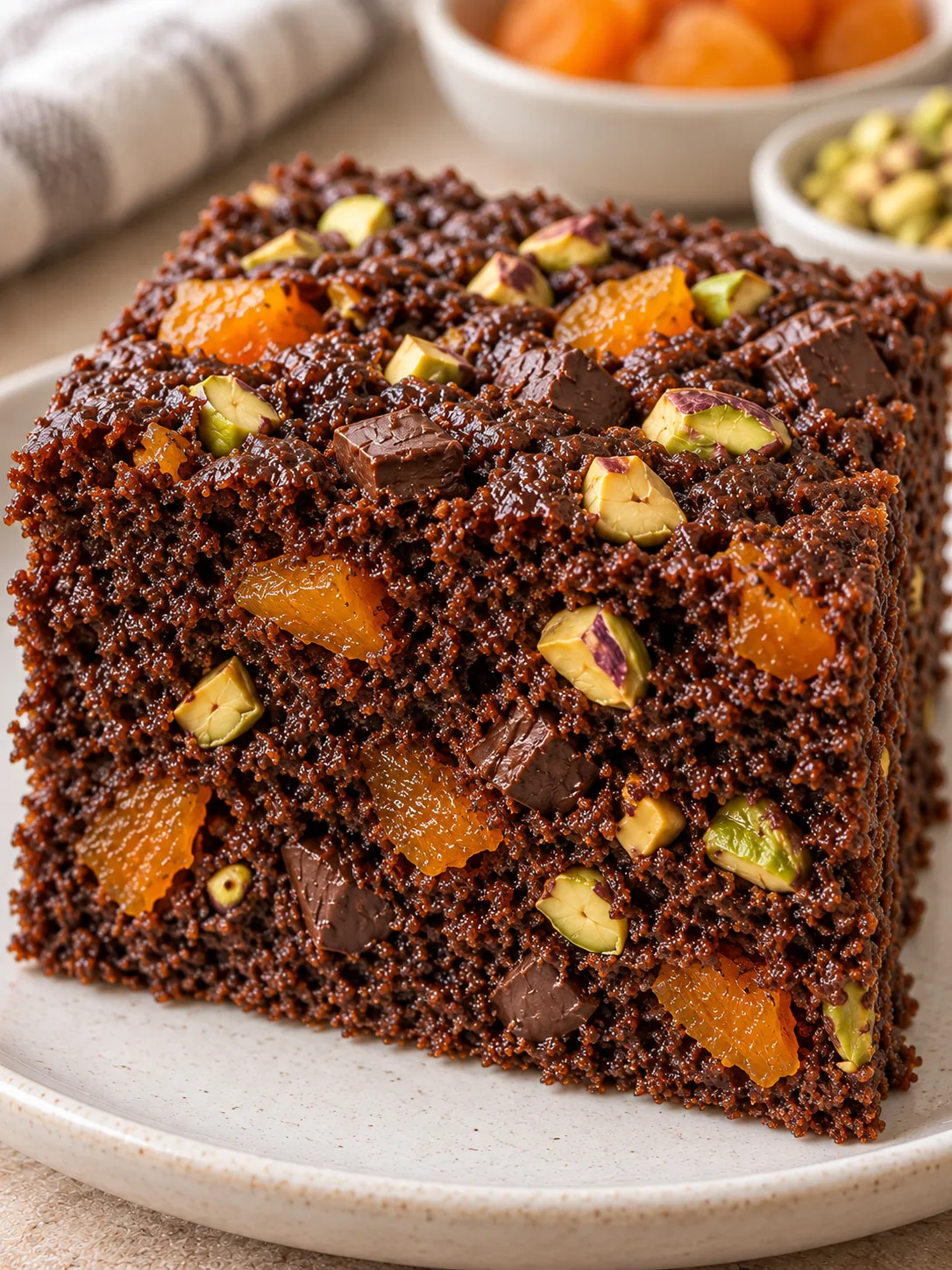 Chocolate sheet cake with apricots and pistachios — dark chocolate