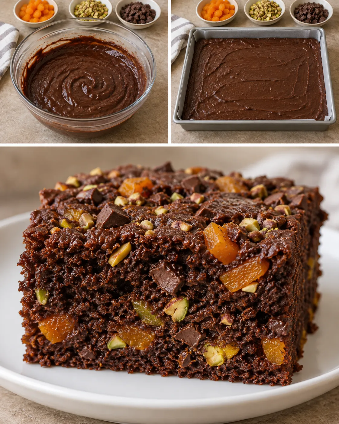 Chocolate sheet cake with apricots and pistachios — dark chocolate
