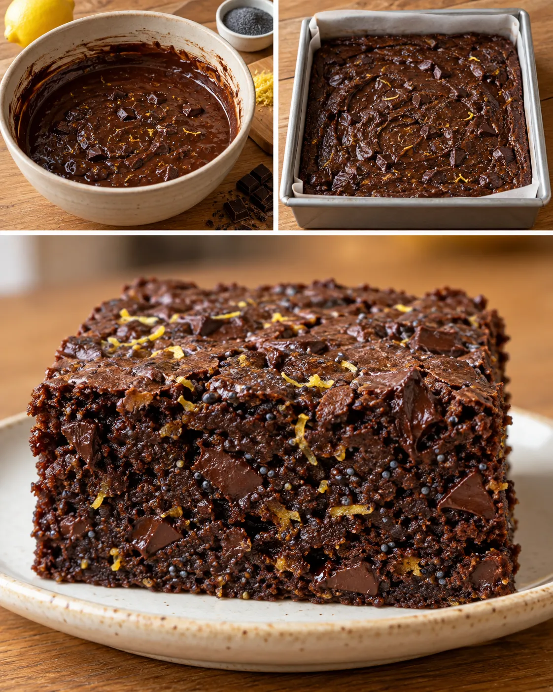 Brownies with lemon and poppy seeds — dark chocolate