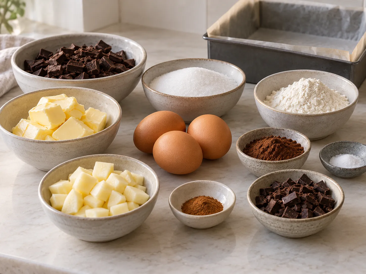 dark chocolate, chopped, unsalted butter, softened, granulated sugar, large eggs