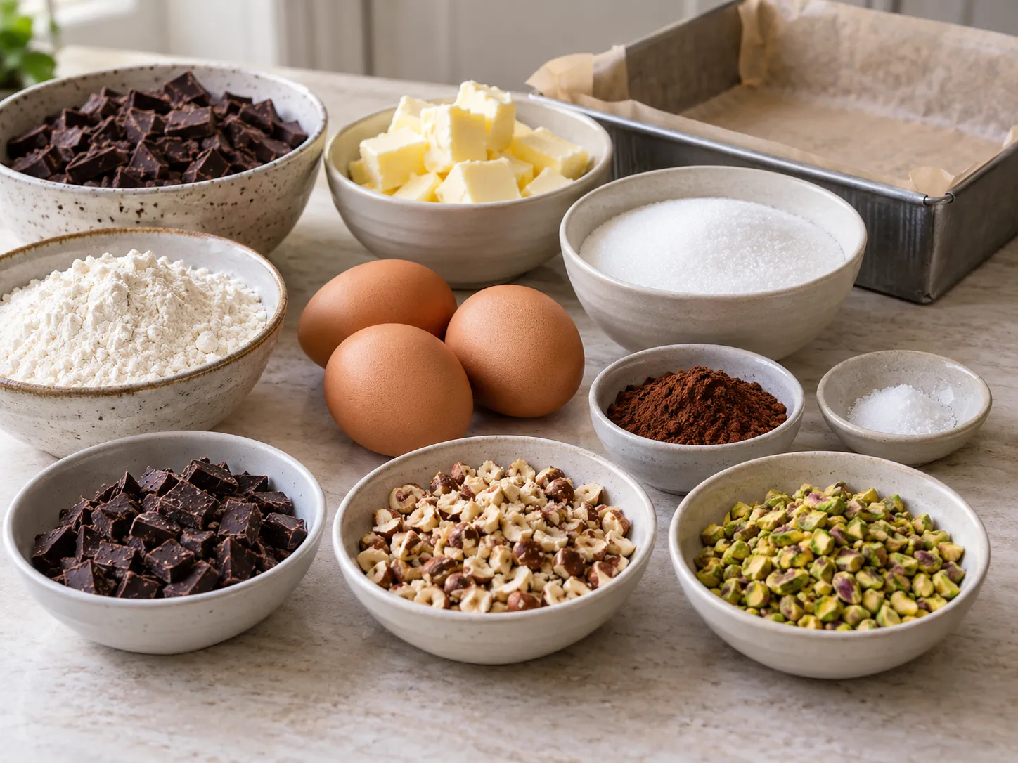 dark chocolate, chopped, unsalted butter, softened, granulated sugar, large eggs