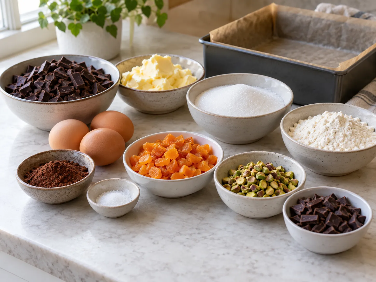 dark chocolate, chopped, unsalted butter, softened, granulated sugar, large eggs