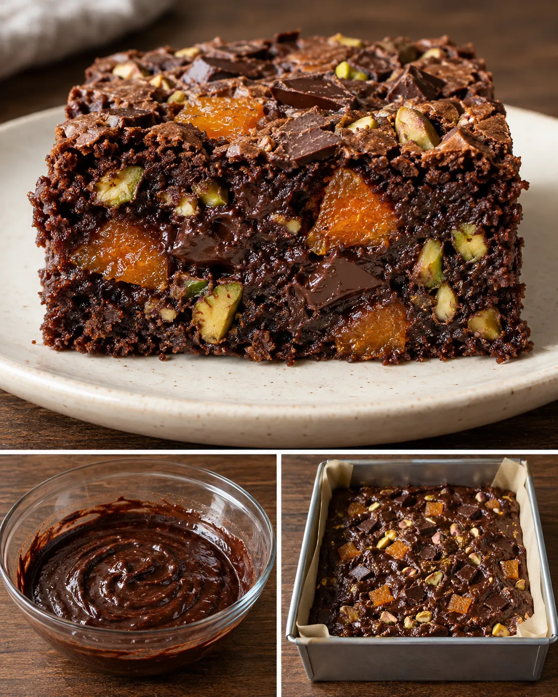 Brownies with apricots and pistachios — dark chocolate
