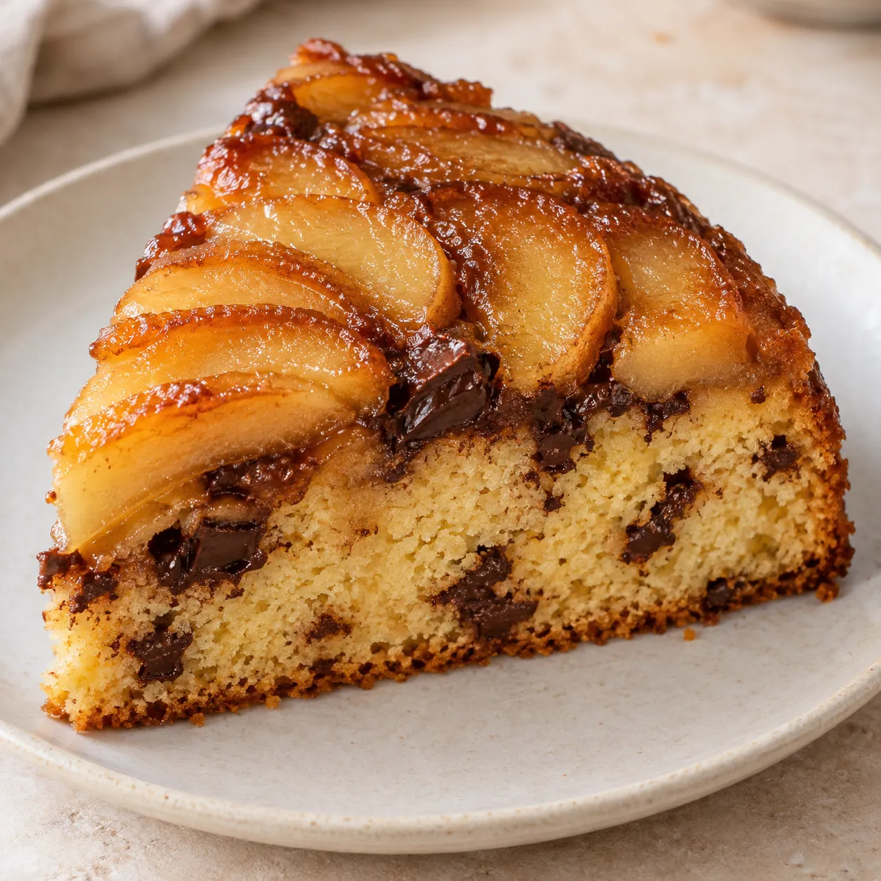 Upside-down fruit cake with apple and cinnamon — dark chocolate