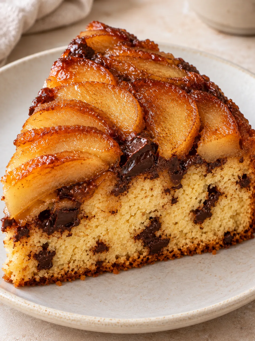 Upside-down fruit cake with apple and cinnamon — dark chocolate