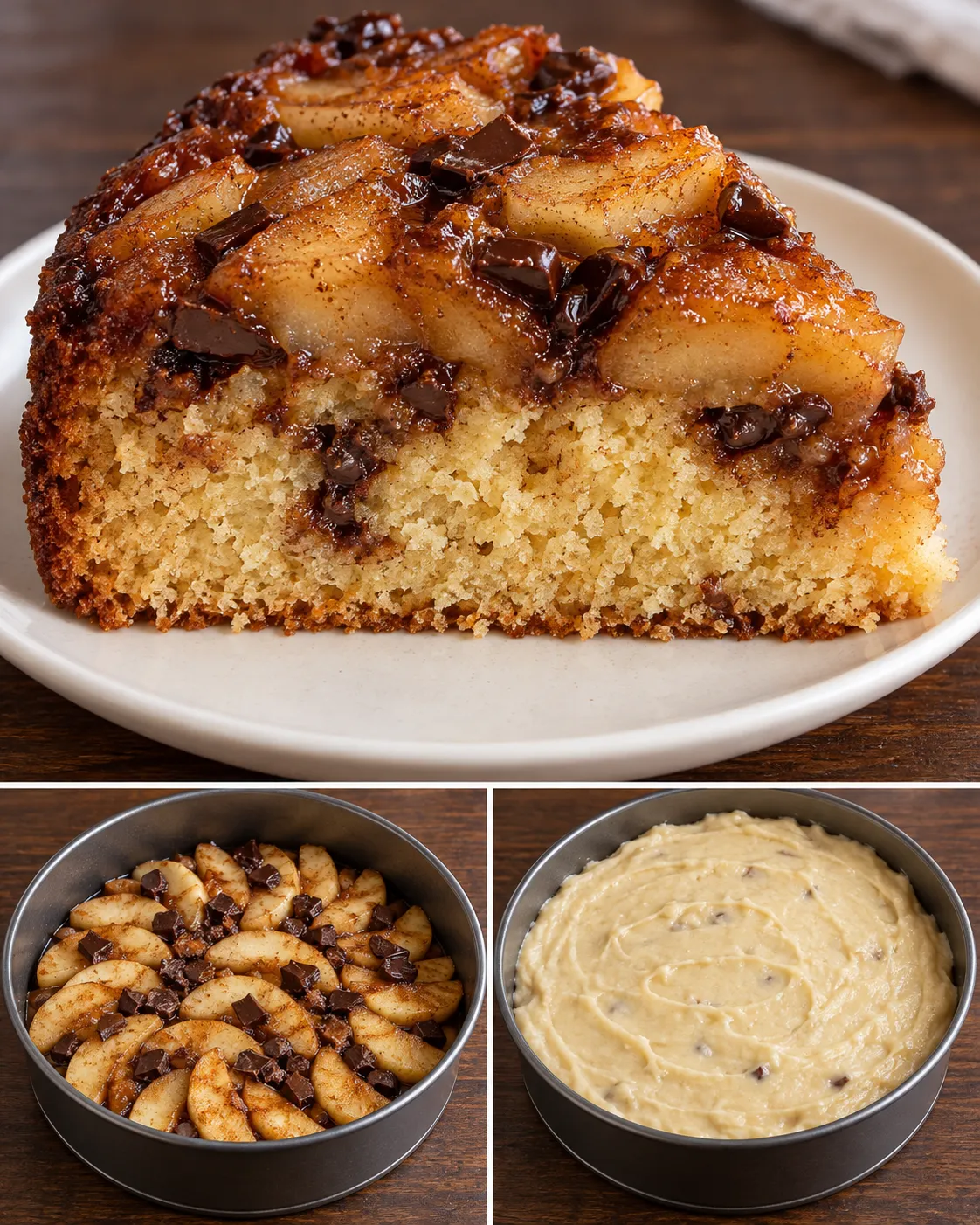 Upside-down fruit cake with apple and cinnamon — dark chocolate