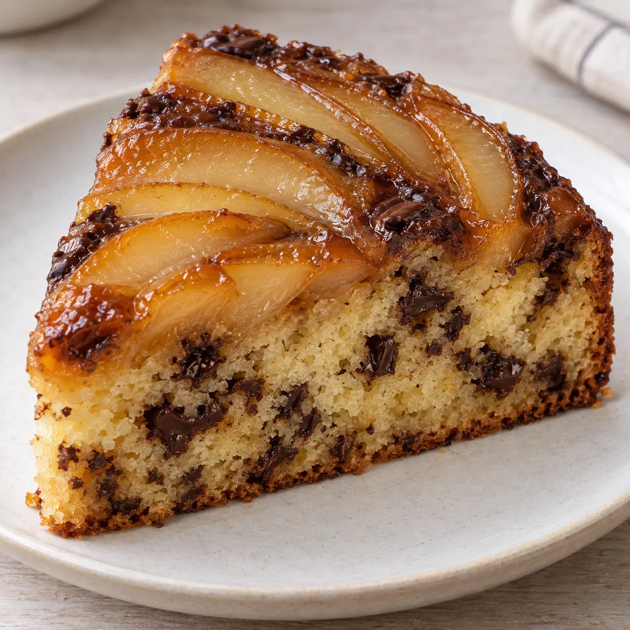 Upside-down fruit cake with pear and cardamom — dark chocolate