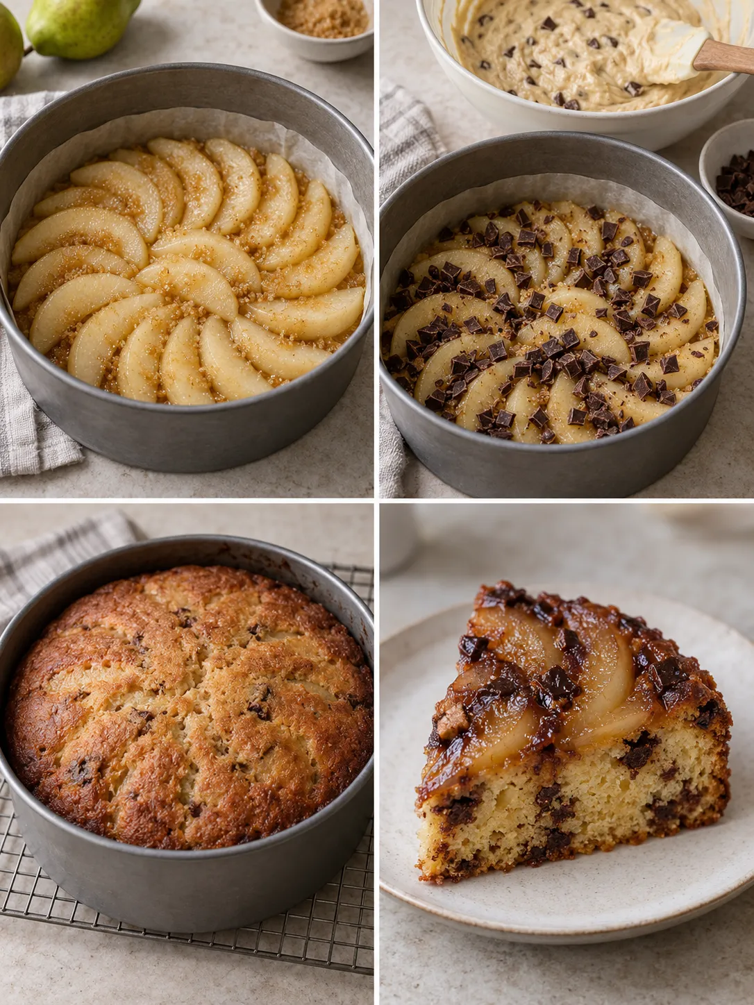 Upside-down fruit cake with pear and cardamom — dark chocolate