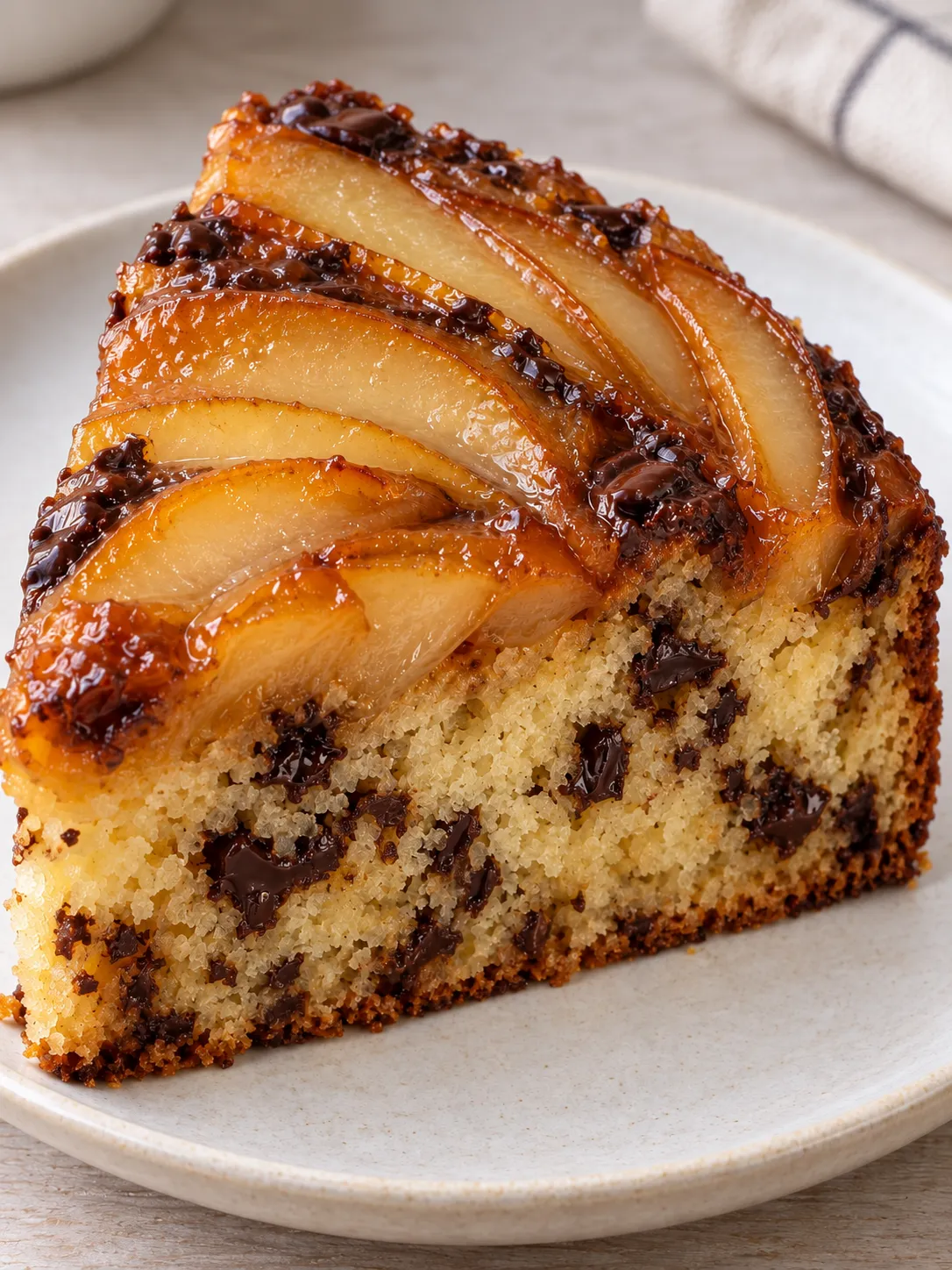 Upside-down fruit cake with pear and cardamom — dark chocolate