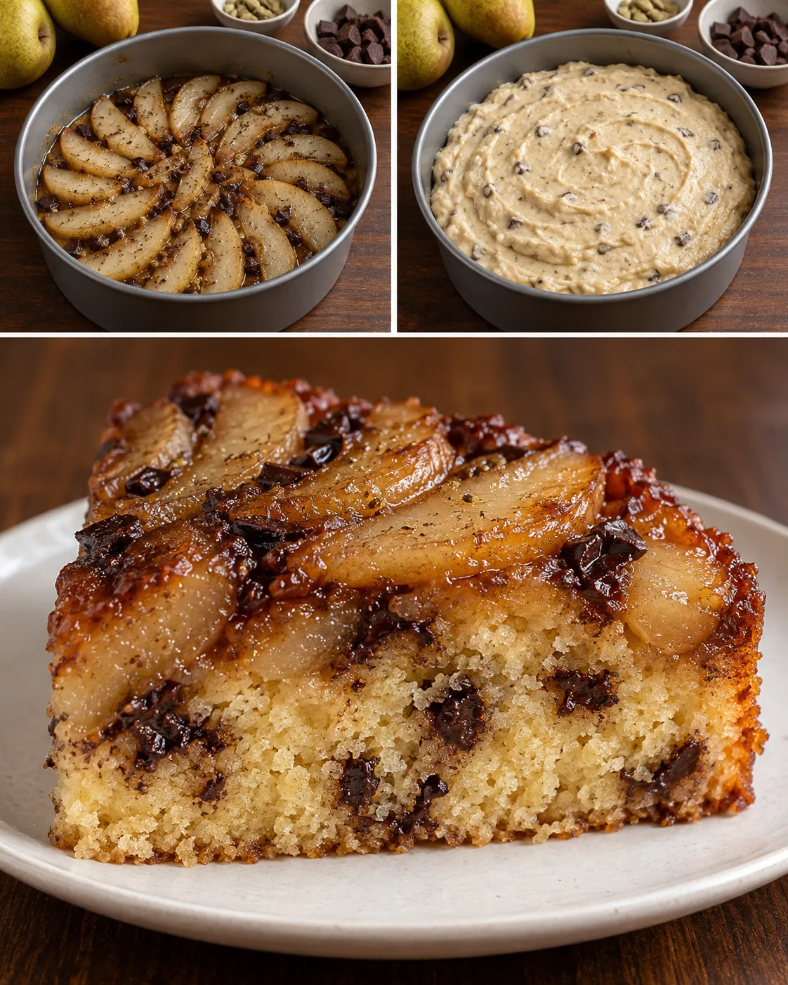 Upside-down fruit cake with pear and cardamom — dark chocolate