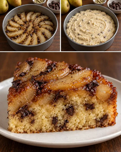 Upside-down fruit cake with pear and cardamom — dark chocolate