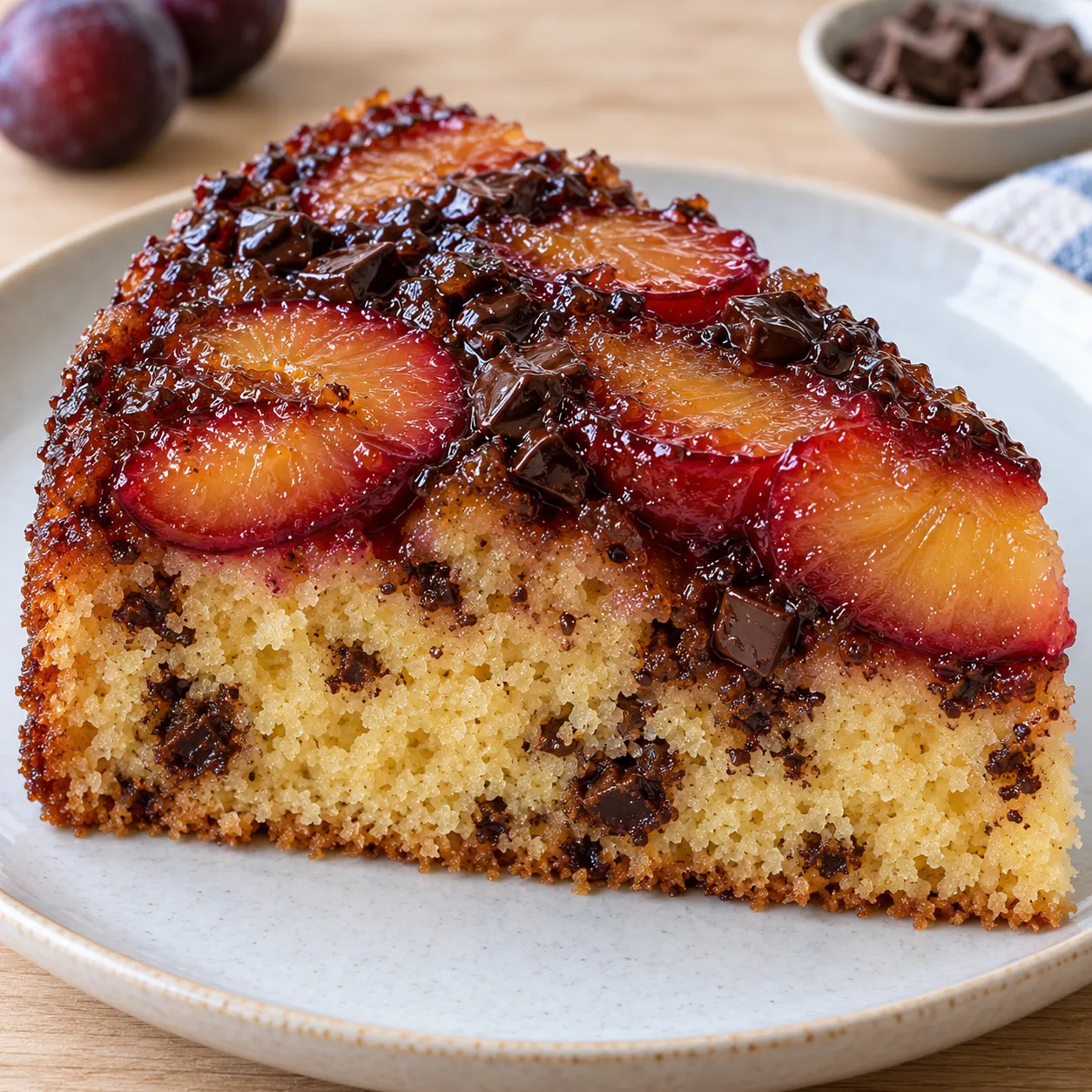 Upside-down fruit cake with plums and vanilla — dark chocolate