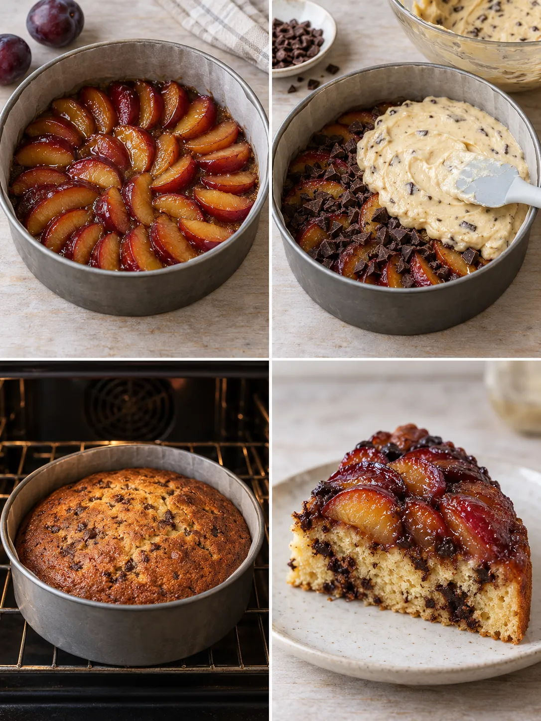 Upside-down fruit cake with plums and vanilla — dark chocolate