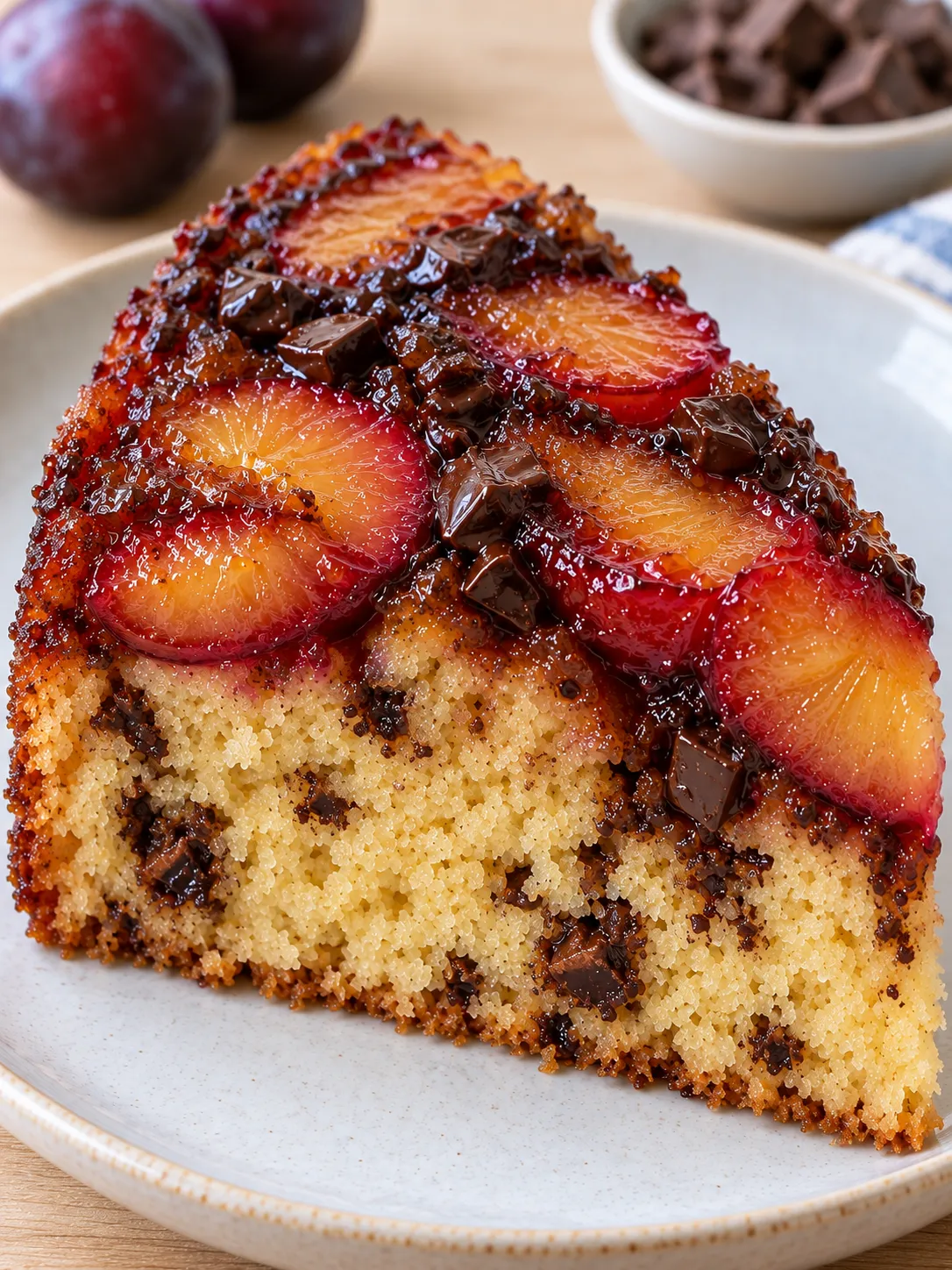 Upside-down fruit cake with plums and vanilla — dark chocolate