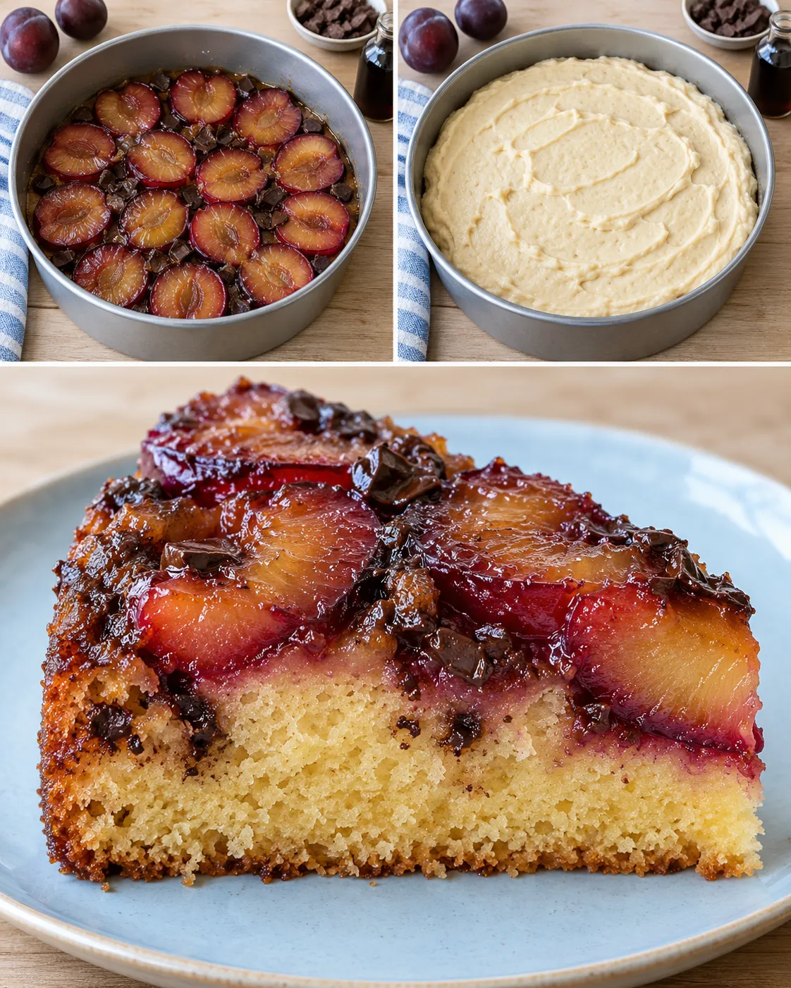 Upside-down fruit cake with plums and vanilla — dark chocolate