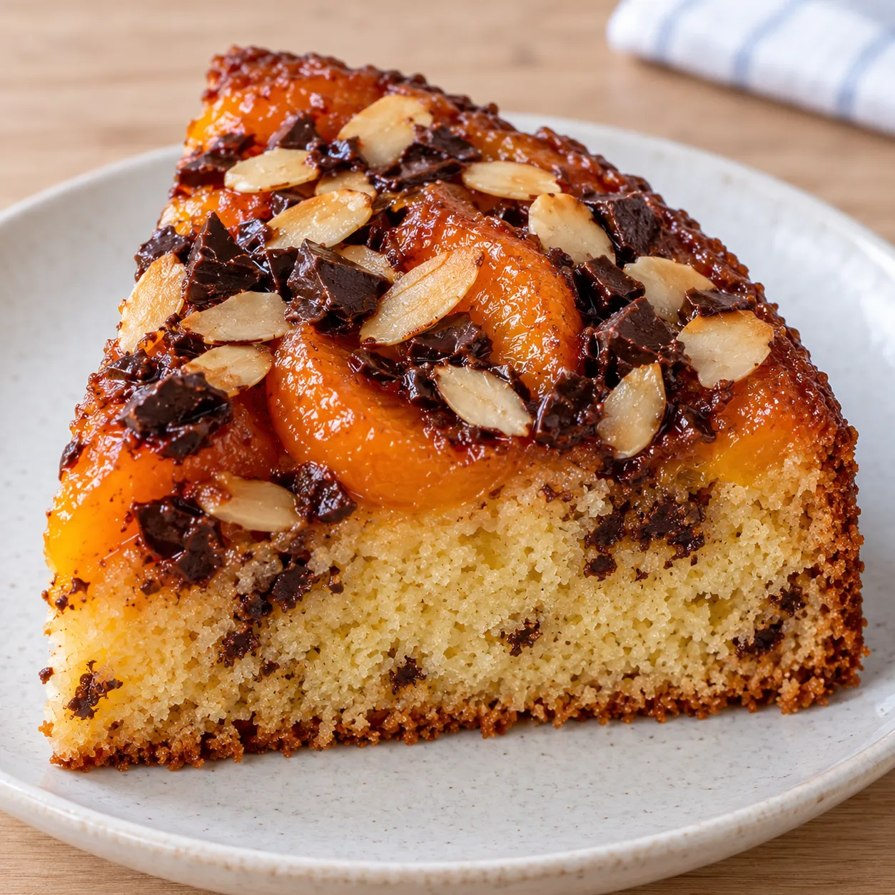 Upside-down fruit cake with apricots and almonds — dark chocolate