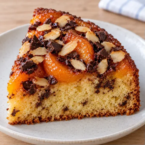 Upside-down fruit cake with apricots and almonds — dark chocolate