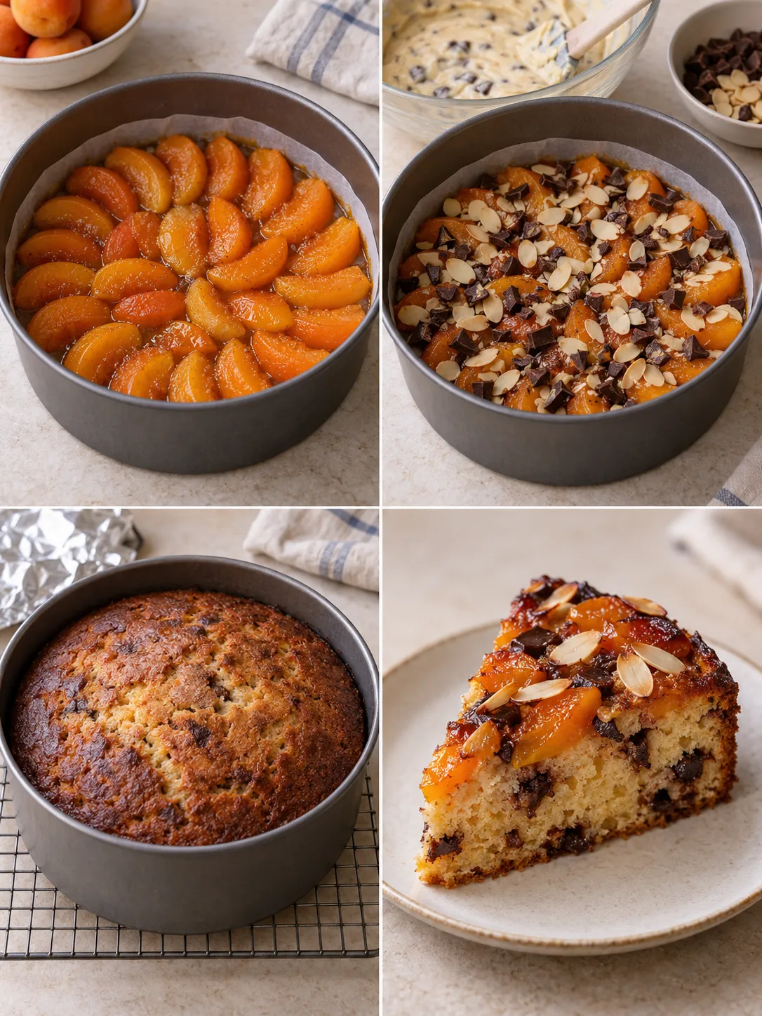 Upside-down fruit cake with apricots and almonds — dark chocolate