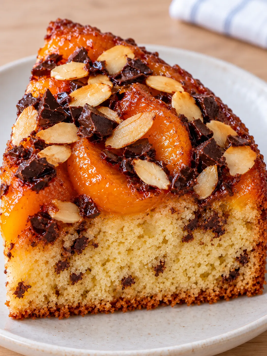 Upside-down fruit cake with apricots and almonds — dark chocolate