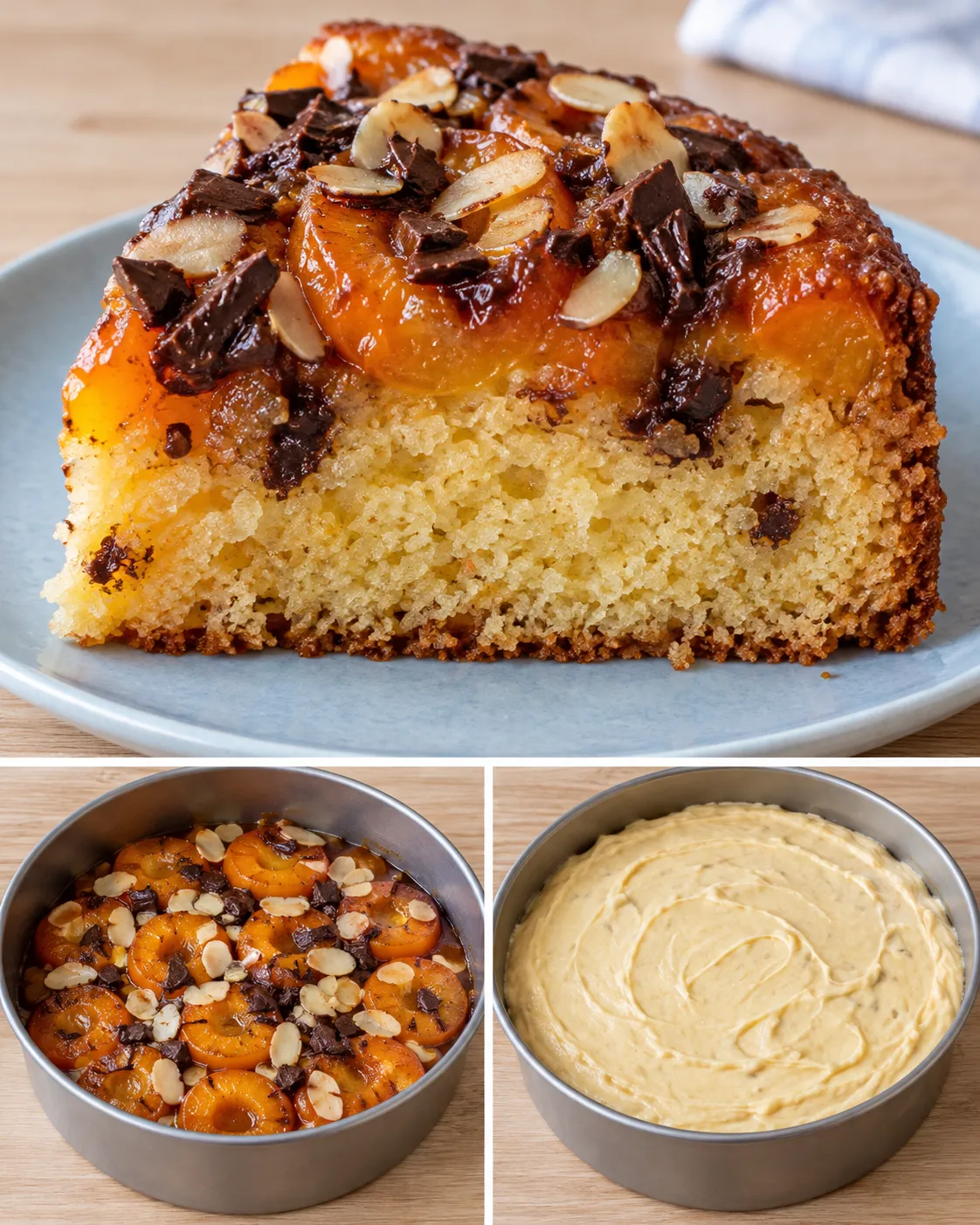 Upside-down fruit cake with apricots and almonds — dark chocolate