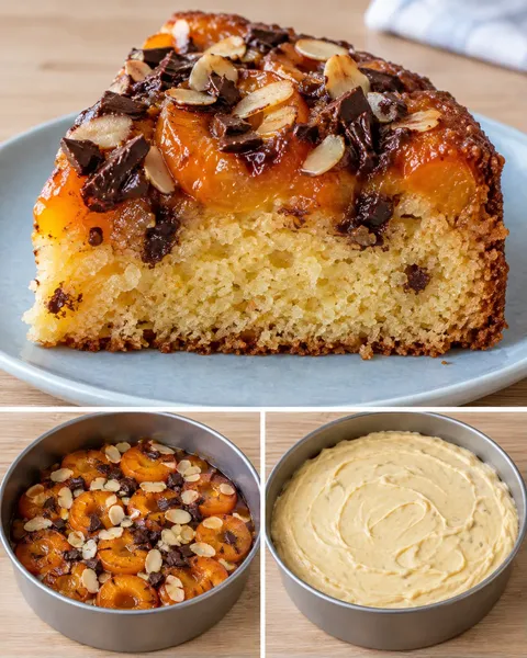 Upside-down fruit cake with apricots and almonds — dark chocolate