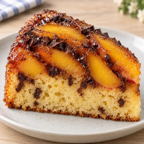 Upside-down fruit cake with peaches and vanilla — dark chocolate