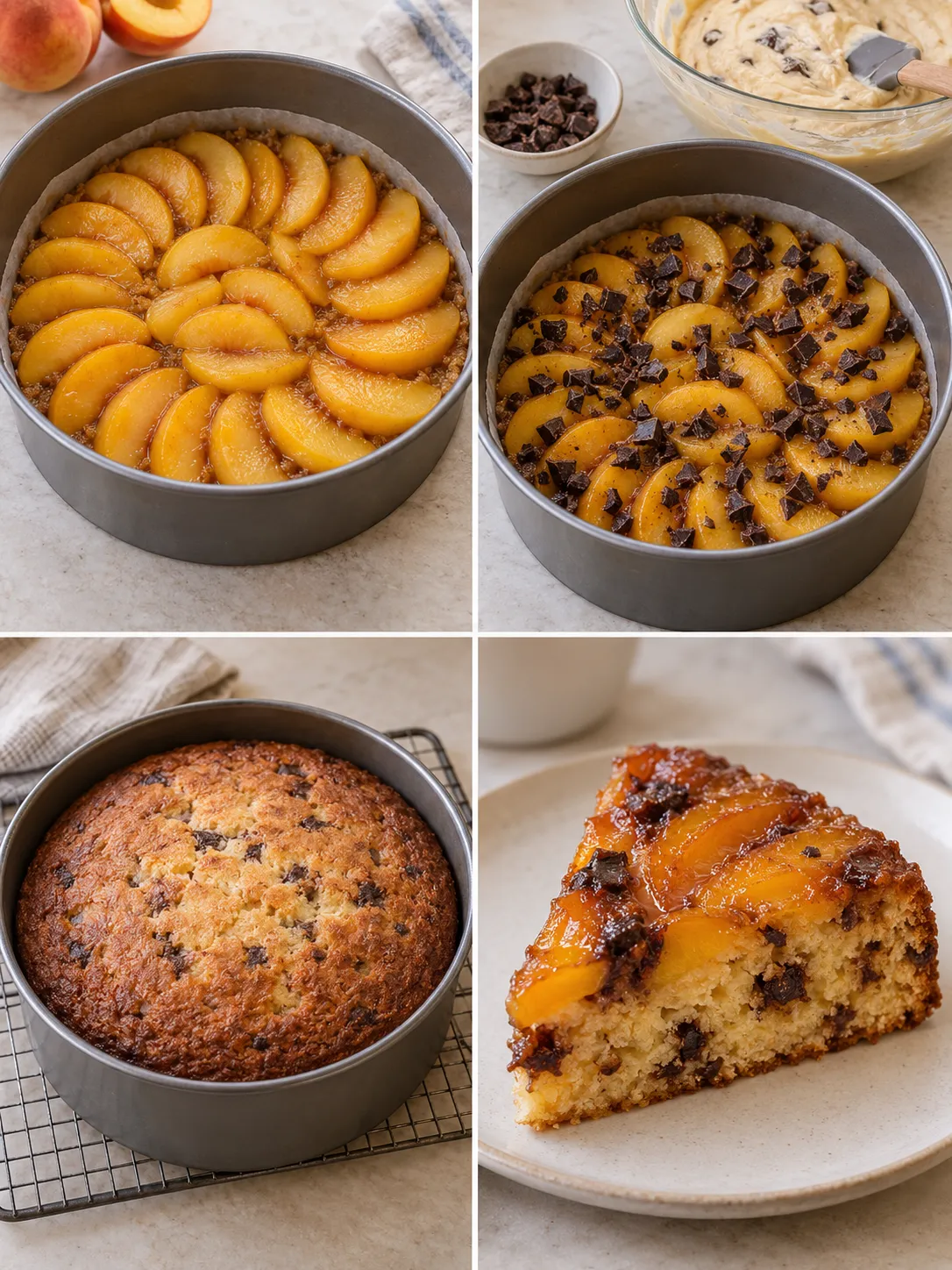 Upside-down fruit cake with peaches and vanilla — dark chocolate
