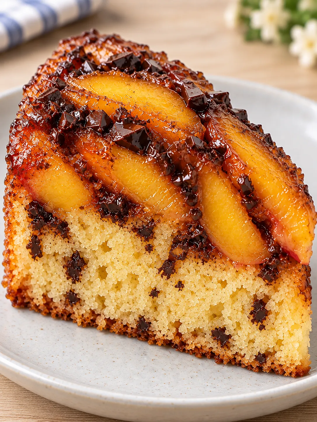 Upside-down fruit cake with peaches and vanilla — dark chocolate