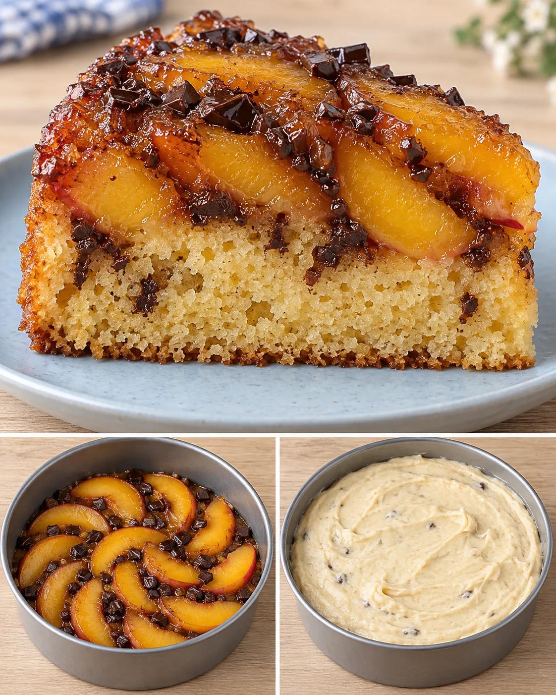 Upside-down fruit cake with peaches and vanilla — dark chocolate