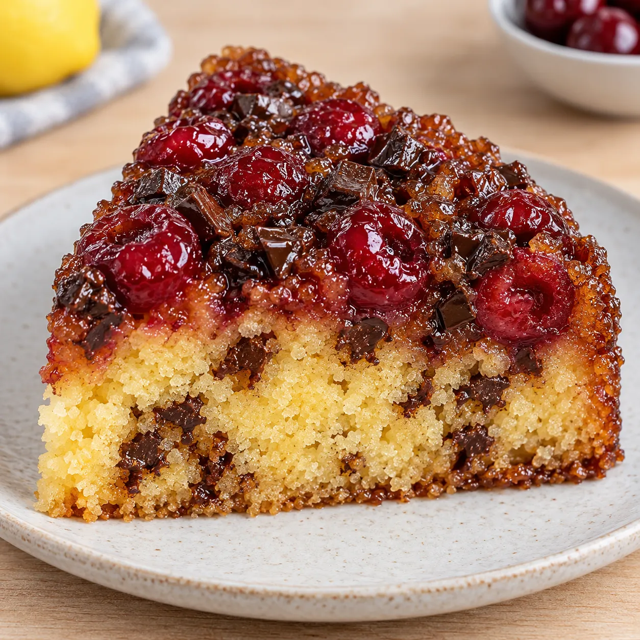 Upside-down fruit cake with cherries and lemon — dark chocolate