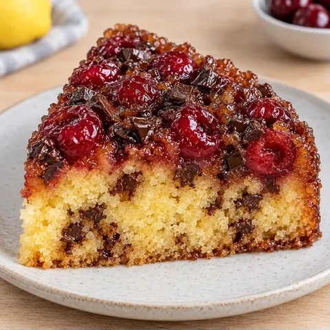 Upside-down fruit cake with cherries and lemon — dark chocolate