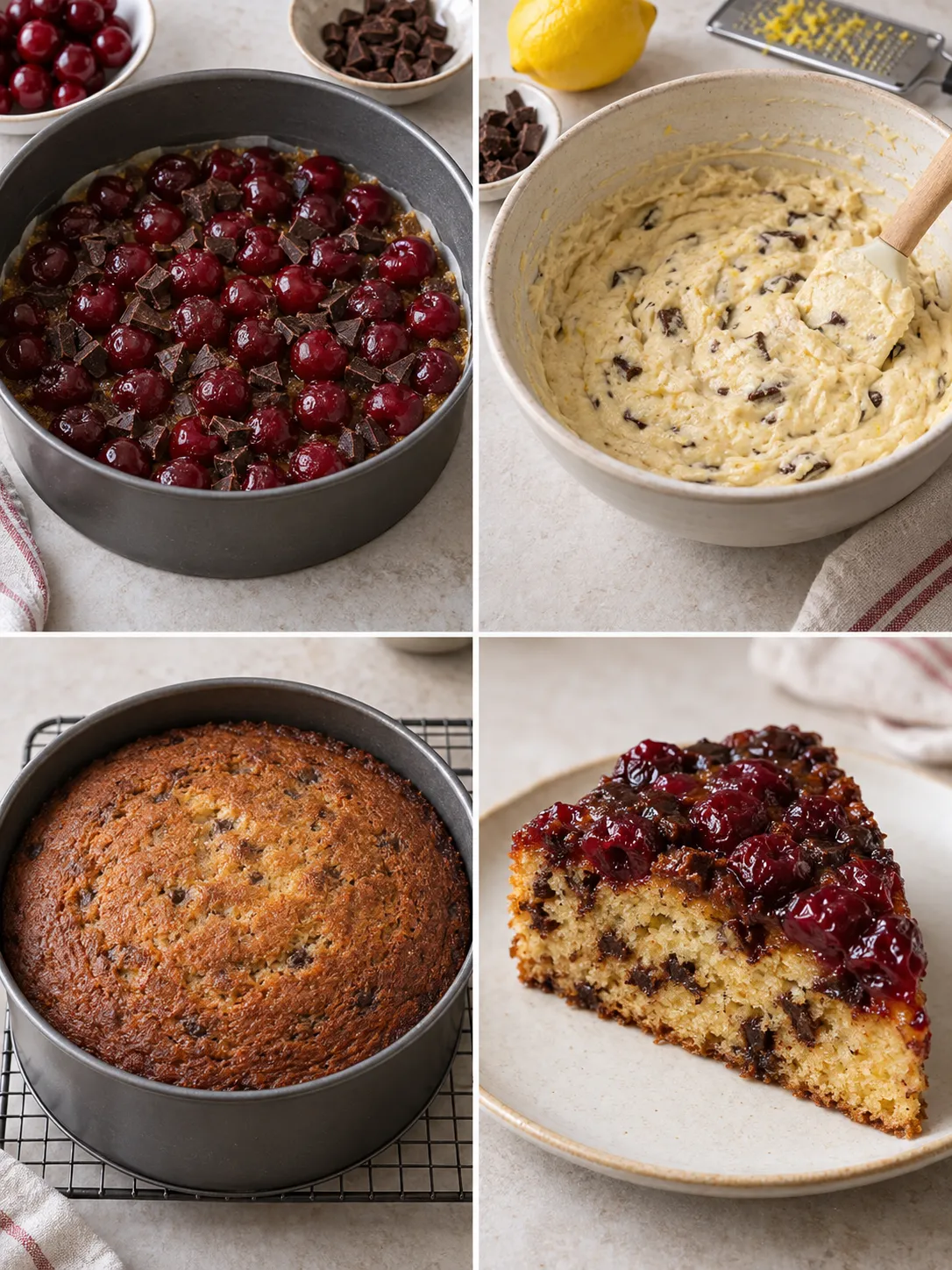 Upside-down fruit cake with cherries and lemon — dark chocolate
