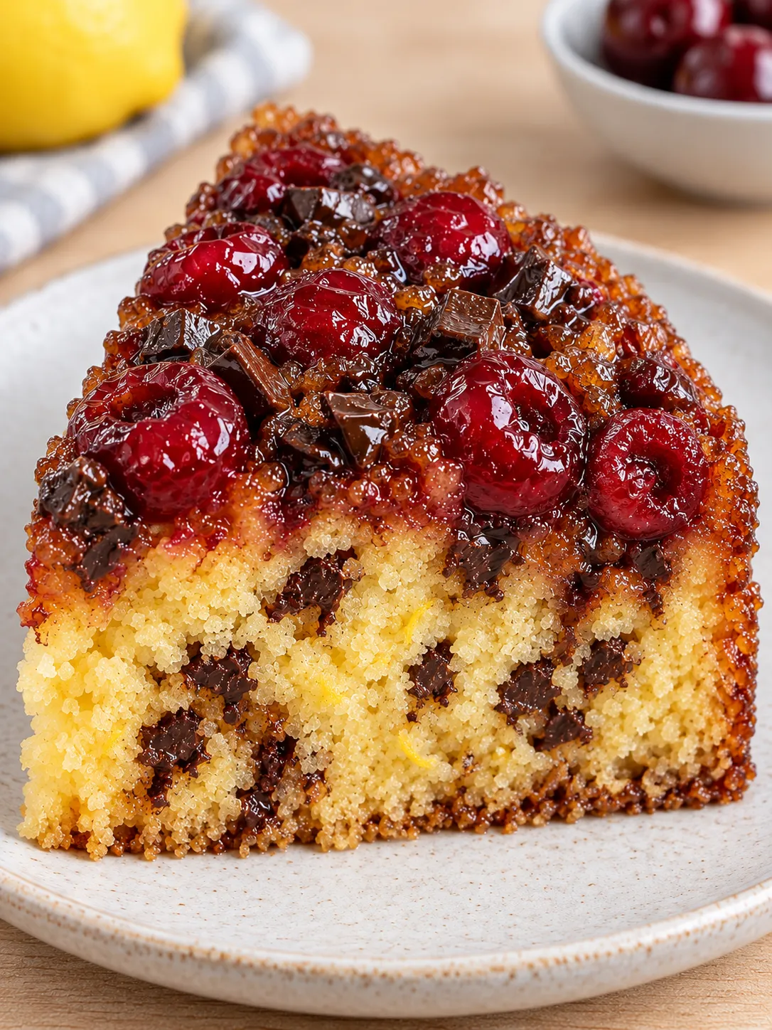 Upside-down fruit cake with cherries and lemon — dark chocolate