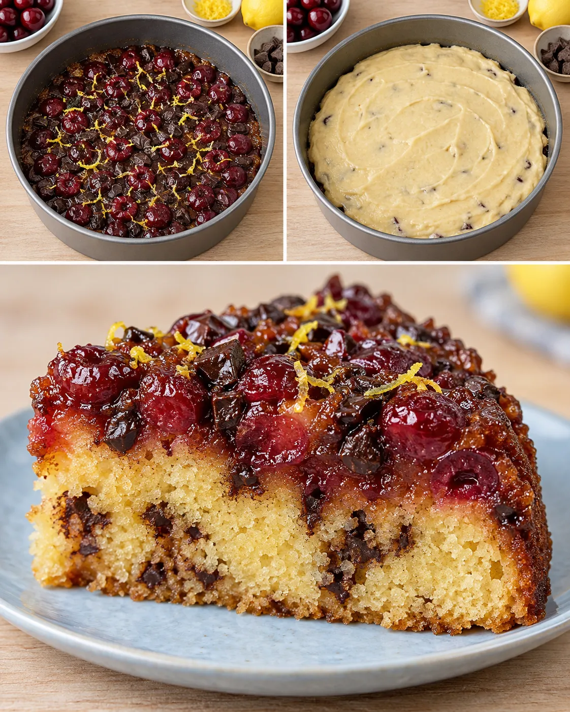 Upside-down fruit cake with cherries and lemon — dark chocolate