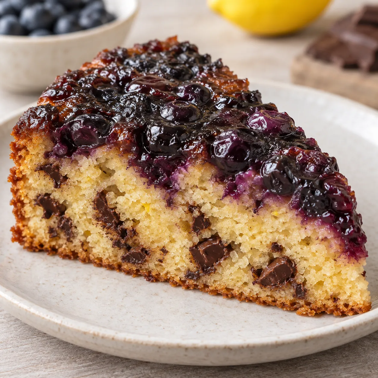 Upside-down fruit cake with blueberries and lemon — dark chocolate