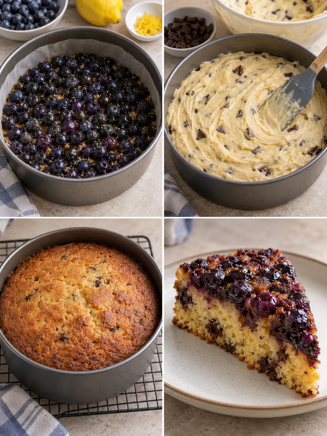 Upside-down fruit cake with blueberries and lemon — dark chocolate