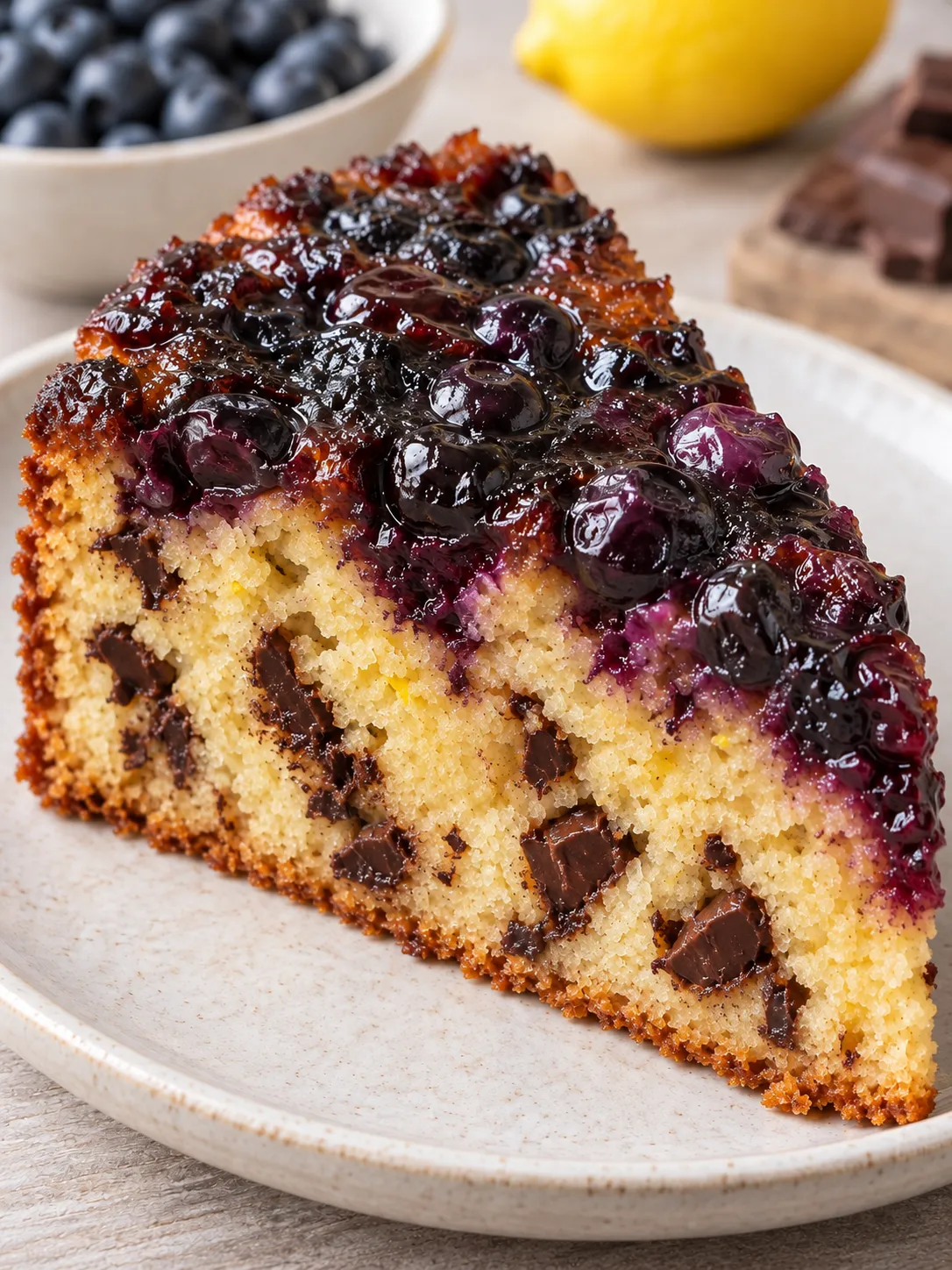 Upside-down fruit cake with blueberries and lemon — dark chocolate