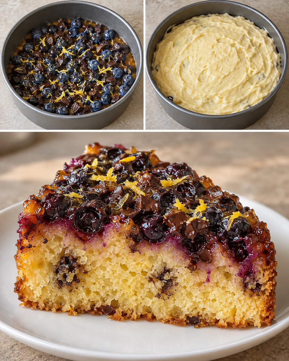 Upside-down fruit cake with blueberries and lemon — dark chocolate