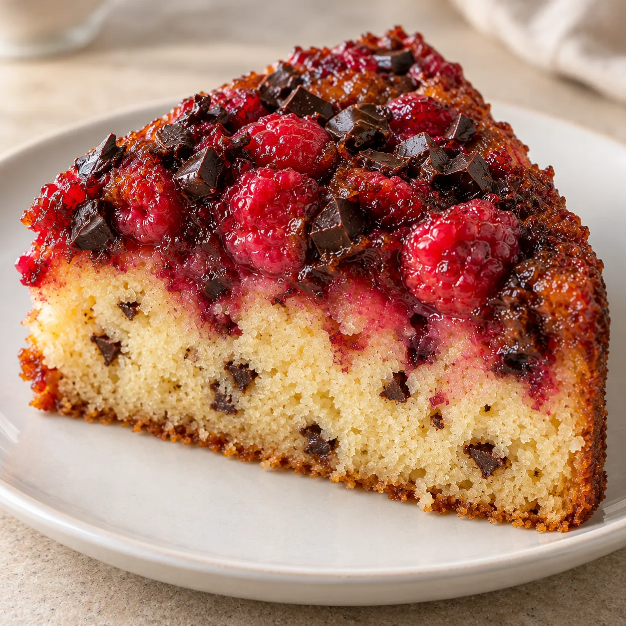 Upside-down fruit cake with raspberries and vanilla — dark chocolate
