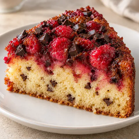 Upside-down fruit cake with raspberries and vanilla — dark chocolate