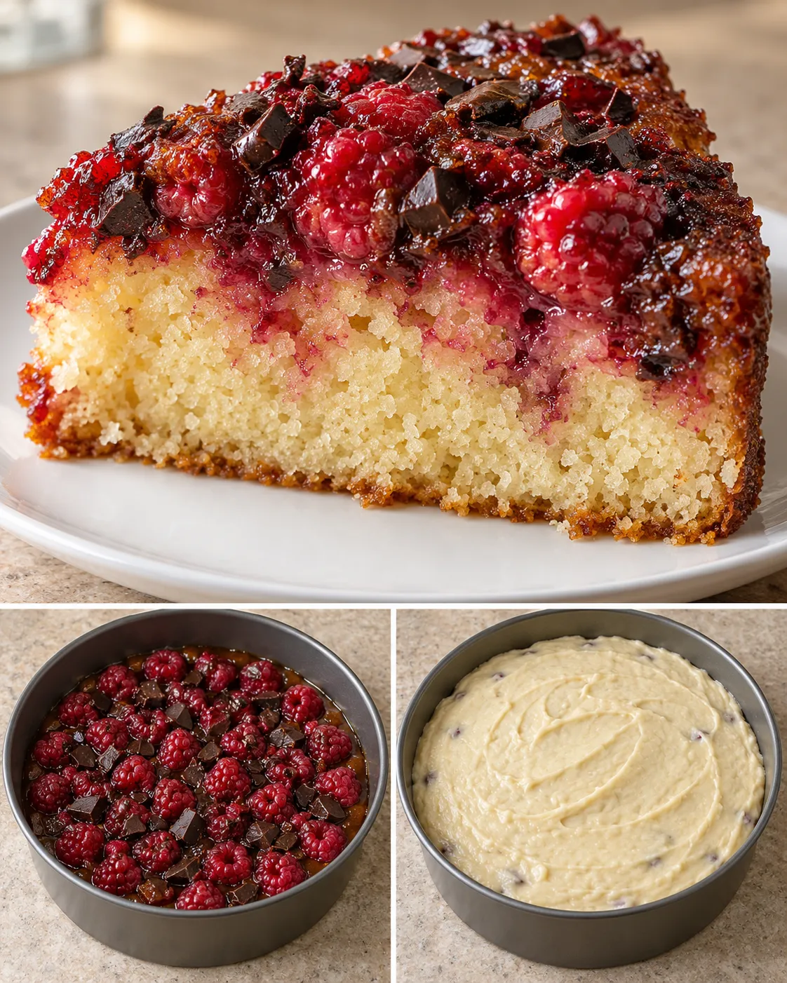 Upside-down fruit cake with raspberries and vanilla — dark chocolate