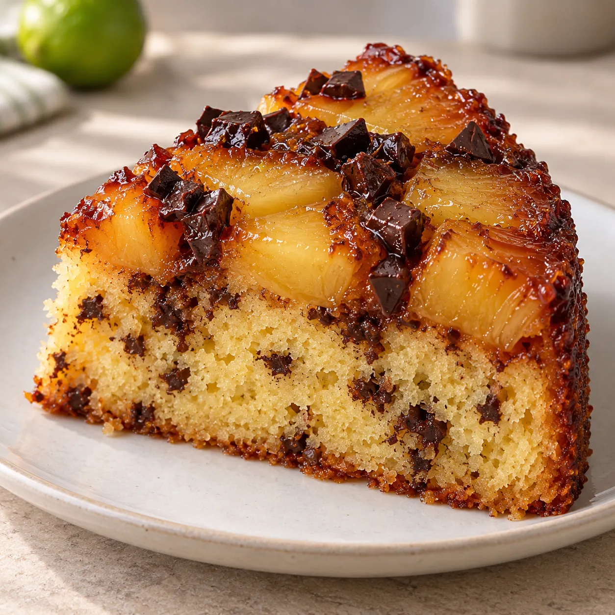 Upside-down fruit cake with pineapple and lime — dark chocolate