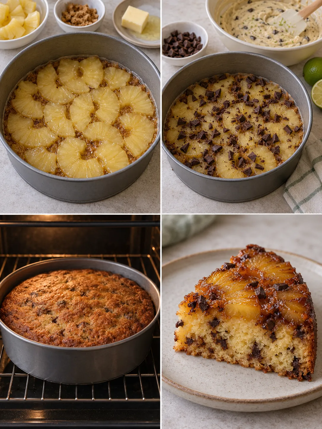 Upside-down fruit cake with pineapple and lime — dark chocolate