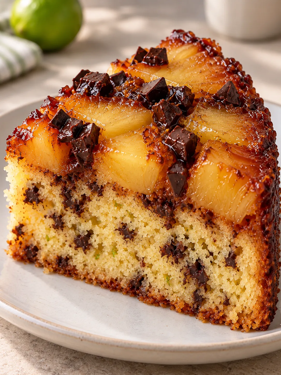 Upside-down fruit cake with pineapple and lime — dark chocolate