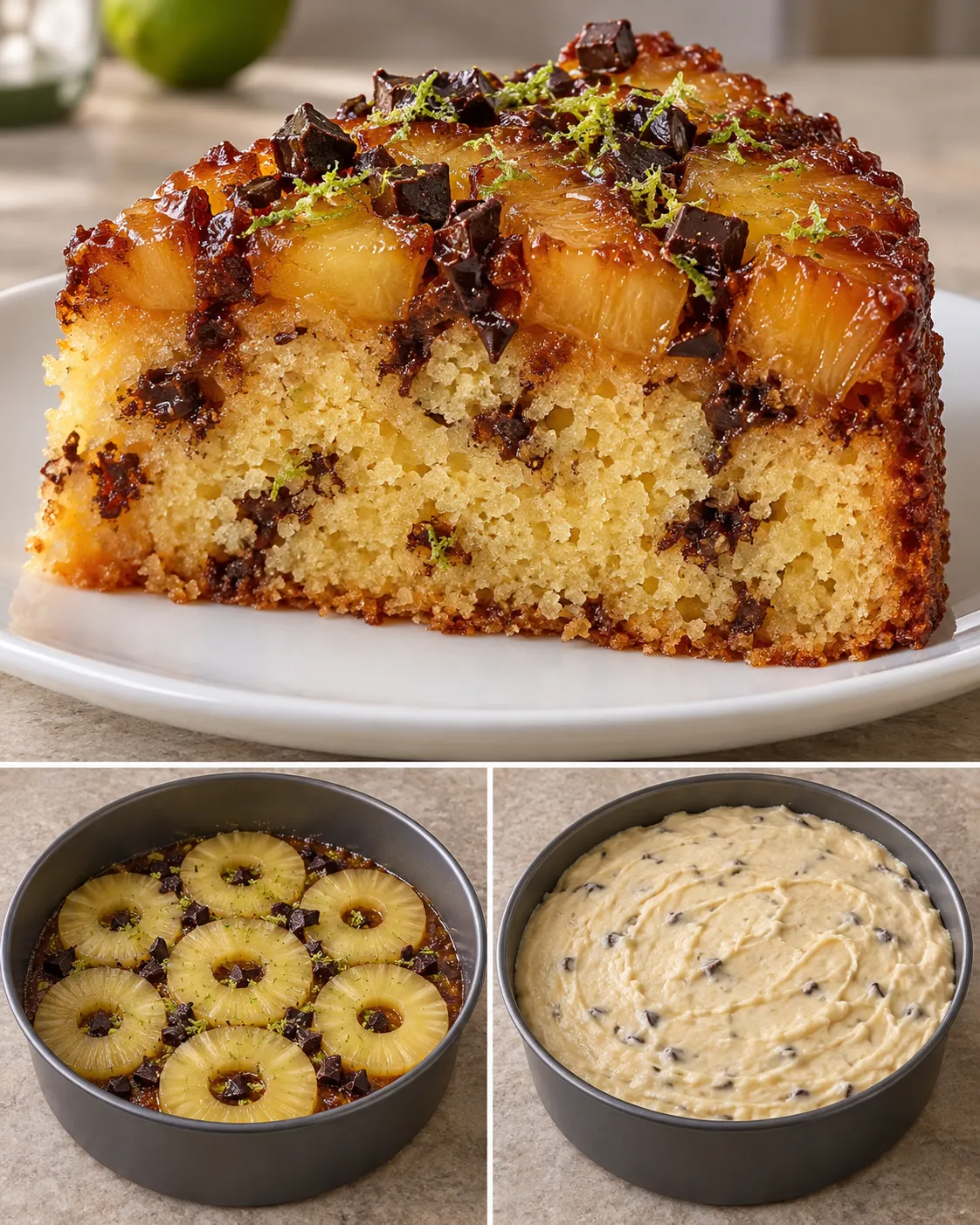 Upside-down fruit cake with pineapple and lime — dark chocolate