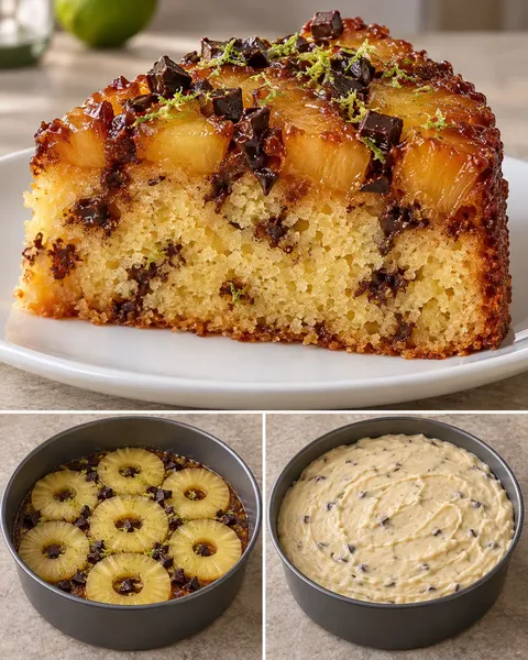 Upside-down fruit cake with pineapple and lime — dark chocolate