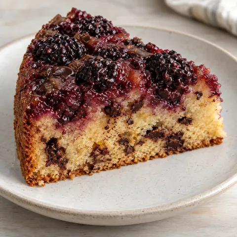 Upside-down fruit cake with blackberries and orange — dark chocolate